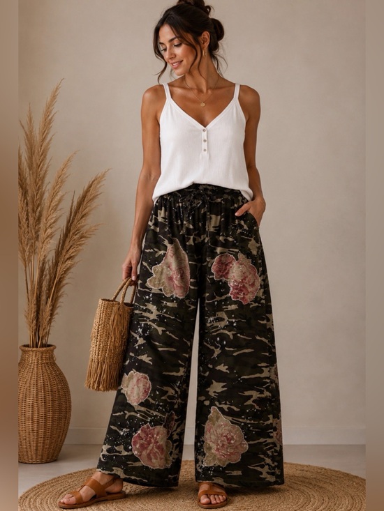 Bluevelvet Pants - BLUEVELVET🌸 Camo Print Flower Patchwork Wide Leg Pants